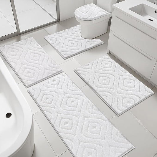 Ileading Bathroom Rugs Sets 5 Piece, Non Slip Washable Bath Mat Set | Absorbent Plush Microfiber Bathroom Mat Set with Toilet Cover, Bath Runner and U-Shaped Contour Rug for Tub, Shower, White