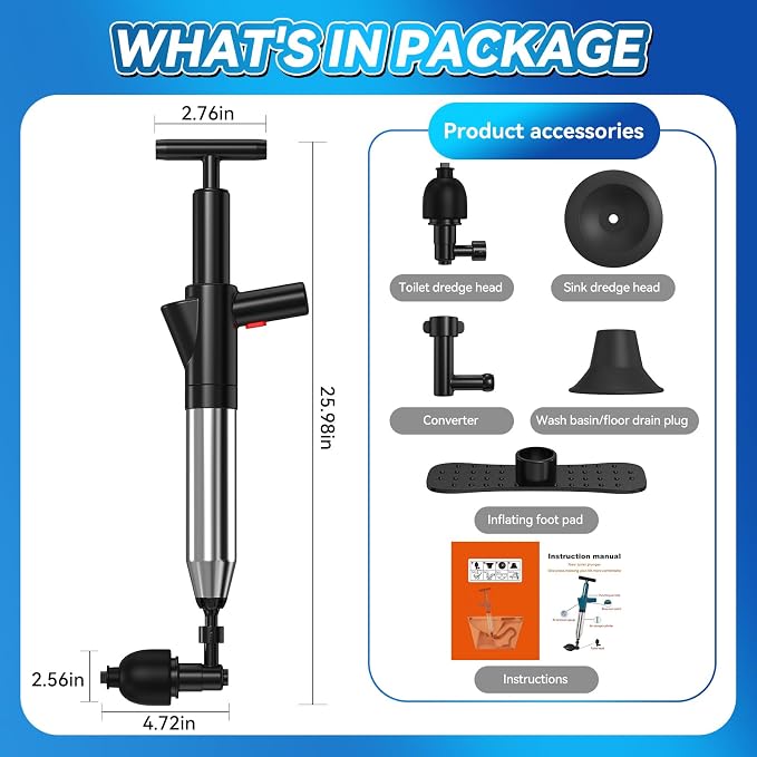 Toilet Plunger, Upgraded High Pressure Toilet Plunger Air Plungers Sink Plunger with Visual Barometer, Stainless Steel Air Drain Blaster, Powerful Drain Clog Remover for Bathroom,Kitchen,Clogged Pipe