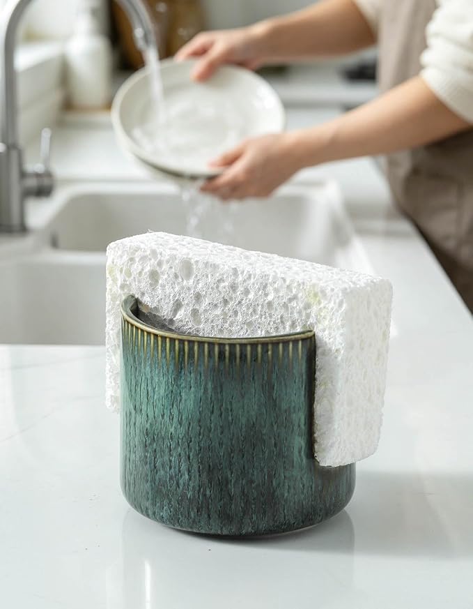 Sponge Holder for Kitchen Sink Countertop, Ceramic Scrub Sponge Dish Holder, Compact Sink Caddy Organizer Accessories for Dish Brush, Scrubber, Vintage Green