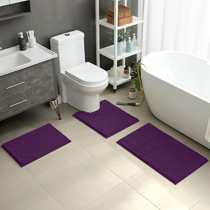 HOMEIDEAS Purple Chenille Bathroom Rugs Set of 3, Non Slip Bath Mat | Super Absorbent, Soft Microfiber, Machine Washable, Stain Resistant, for Bathroom Decor