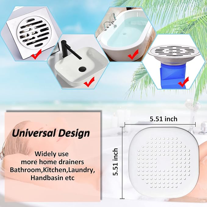 Bovinde Hair Drain Catcher,Square Cover for Shower 4 Pack (Pure White) | Drainer Cover Silicone Hair Stopper with Suction Cups,Protector Accessories,Easy to Install Suit for Bathroom,Bathtub,Sink