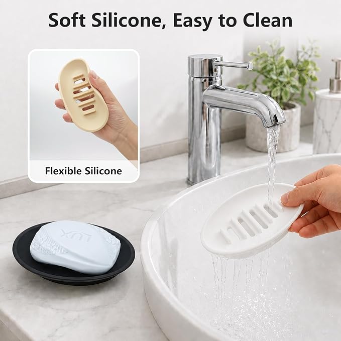 2 Pack Silicone Bar Soap Holder for Shower, Self-Draining Black Soap Dish Tray for Bathroom Sink, Kitchen Counter, Shower Niche/Shelf, Bathtub, Easy Cleaning Simple Oval Soap Saver Stand