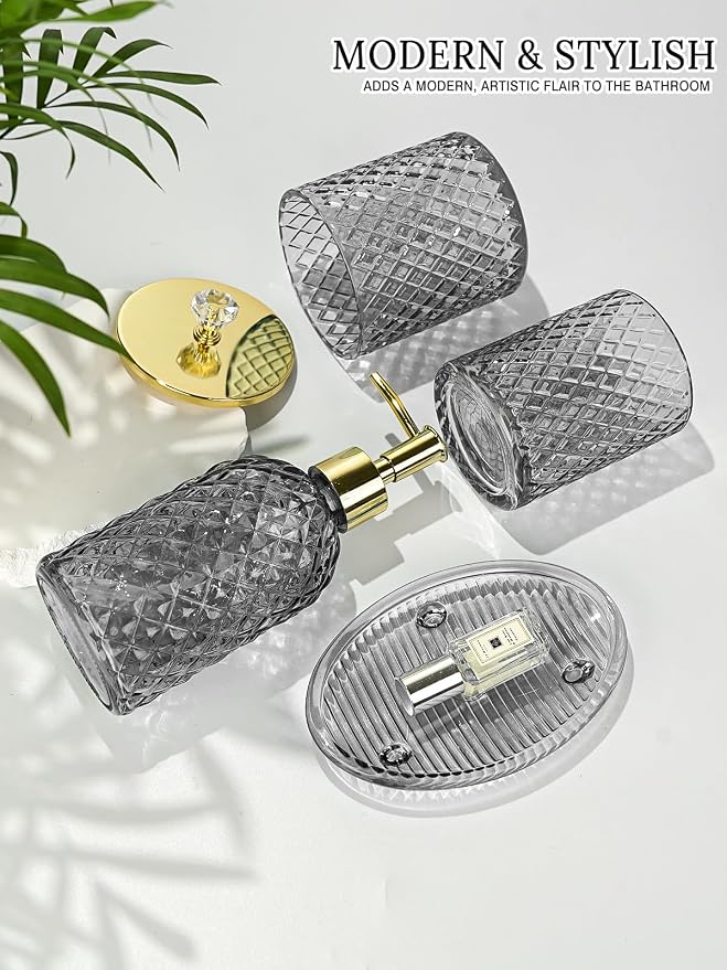 Haturi Glass Bathroom Accessories Set, Smoky Gray Bathroom Set, 4 Pcs | Kit w/ Bathroom Soap Dispenser Set, Toothbrush Holder, Qtip Holder, Vanity Tray, Gray Bathroom Decor, Gift for Home Apartment