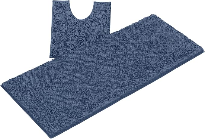 LuxUrux 2-Piece Bathroom Rug Set – Plush Chenille Runner & U-Shaped Toilet Mat, Soft, Absorbent & Non-Slip Design (20x20 U & 27x47 inches, Medium Blue)