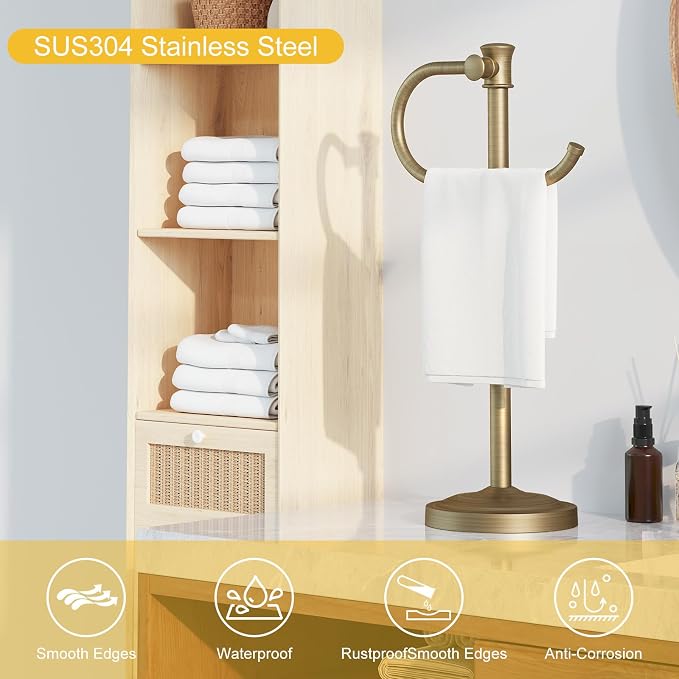 BESy 17 Inch Antique Brass Stand Towel Bar Hanger Hand Towel Bar Bathroom Vanity Countertop Towel Holder Free Standing Stainless Steel Towel Ring Hardware Accessories Towel Rack