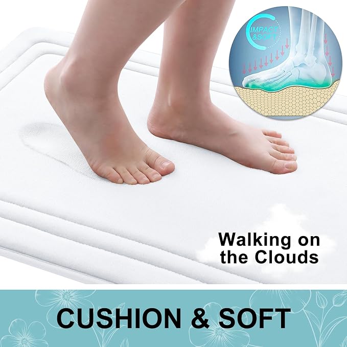 Grandaily Memory Foam Bath Mat Rug 30x20, Ultra Soft, Non-Slip and Absorbent Bathroom Rugs, Machine Wash Dry, Comfortable Bath Carpet for Bathroom Floor, Tub and Shower, White