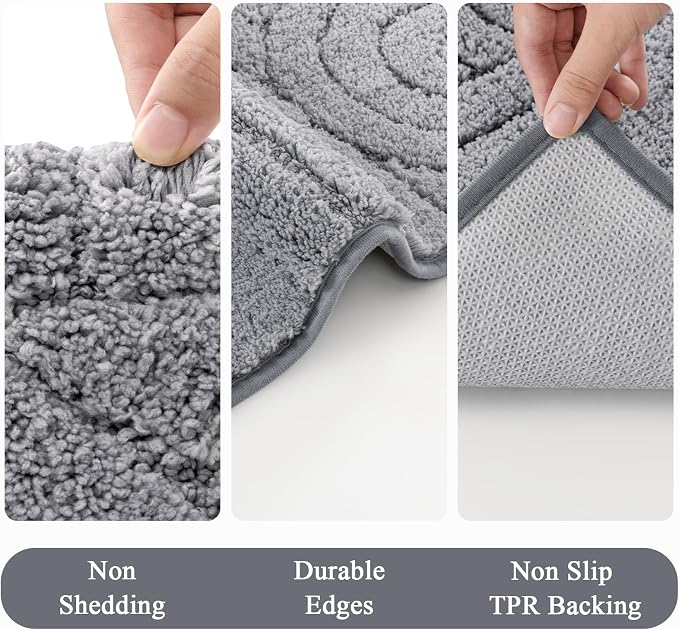 Vaukki Light Grey Bathroom Rugs Sets 3 Piece, 32x20+26x18+24x20 Inch | Washable Non Slip Soft Bath Mats for Shower and Tub, Plush Absorbent Microfiber Toilet Rug U Shaped