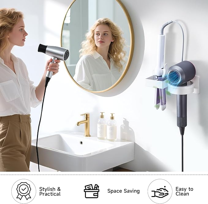 Hair Dryer Holder Wall Mounted, Hair Straightener Holder, Blow Dryer Holder Adhesive, Hair Tool Organizer for Flat Iron, Hairdryer, Curling Iron Holder for Bathroom Vanity Barber Shop (White)