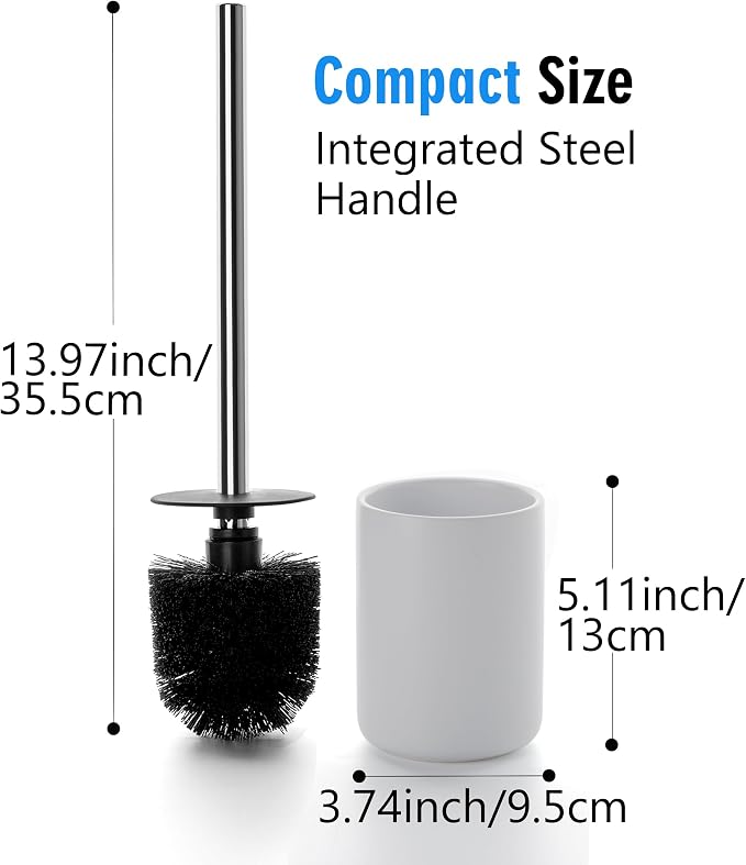 Ceramic Toilet Brush and Holder Set, Toilet Bowl Cleaner Brush | Freestanding Deep-Cleaning, Stainless Steel Handle, Small & Sturdy for Storage, Easy to Clean, Non-Scratching