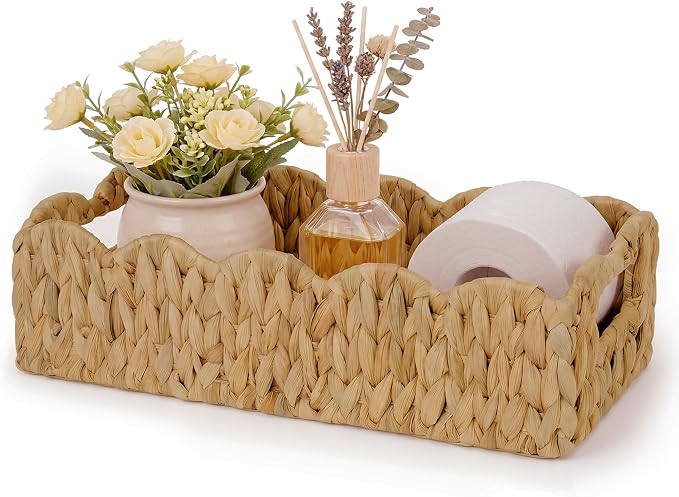 efluky Toilet Paper Basket, Scalloped Basket, Bathroom Decor Back of Toilet Basket, Wicker Natural Water Hyacinth Bathroom Basket for Organizing Countertop,Shelves,Bedroom