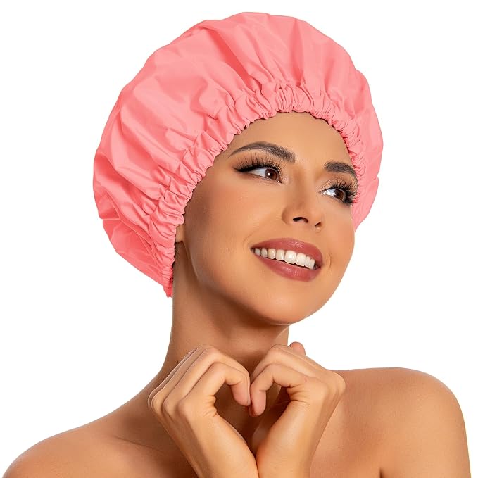 Edoneery Shower Caps for Women Reusable Waterproof, Shower Hair Cap | Washable Bonnet, Wide Elastic Band, Large Fit, Holds Long Hair, Braids Friendly, Bath Accessories, Spa, Travel