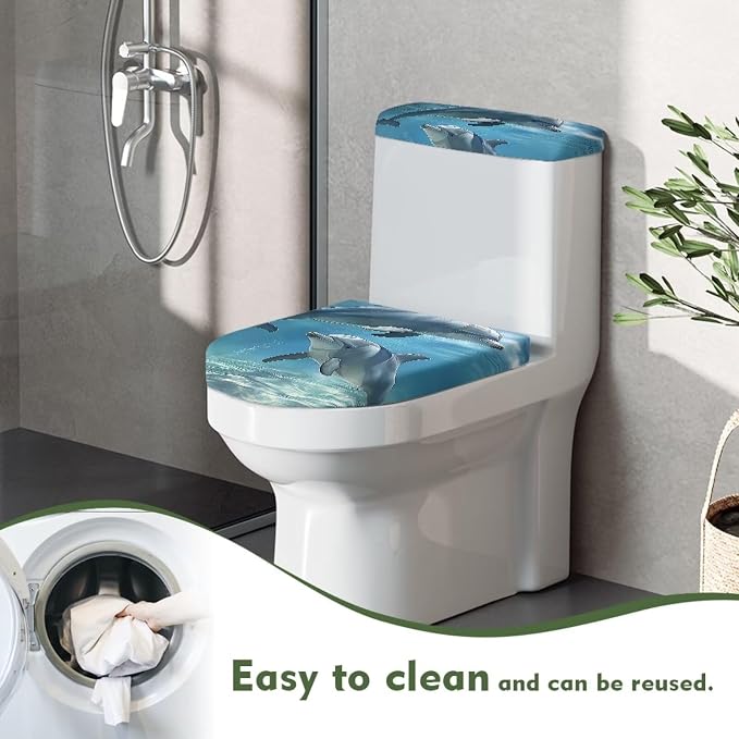Sea Dolphin Toilet Seat Cover and Toilet Tank Cover Replacement Washable Soft Protective Decor Novelty Bathroom Accessory Set