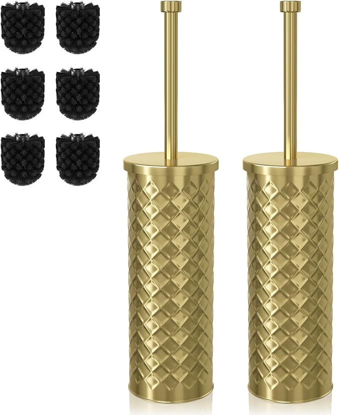 Toilet Bowl Brush and Holder Set 2 Pack with 4 Extra Brush Heads (Gold) | Extra Long Handle with Splash Guard Cover, Tool-Free Installation, Bathroom Space-Saving, Cleaner Sets for Apartments, RV