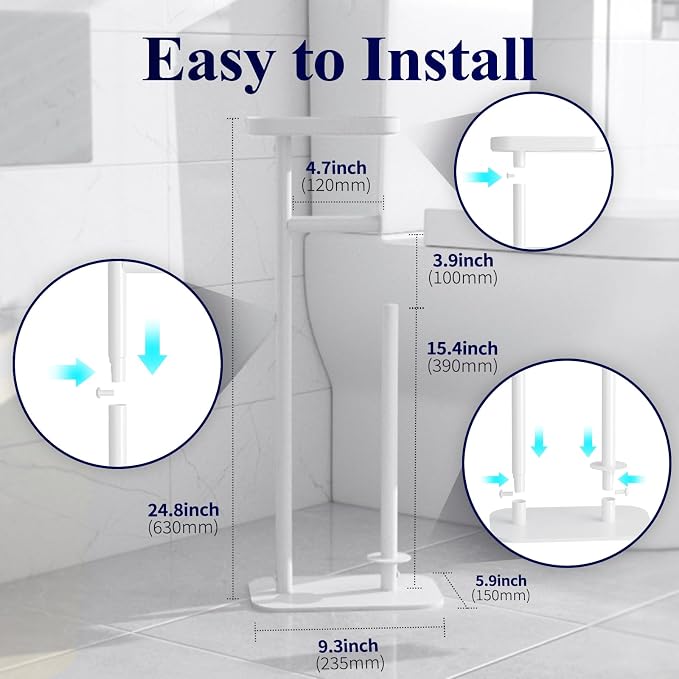 Kitsure Metal Toilet Paper Holder Free Standing, Medium, White | Rustproof Toilet Paper Stand for 4 Rolls, Bathroom Organizers and Storage with Anti-Slip Base and Plastic Shelf