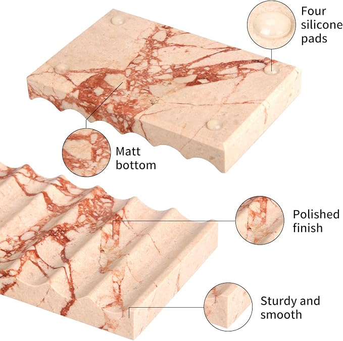 Luxury Marble Soap Dish Tray,Rectangle Stone Marble Soap Tray,Self Draining Soap Holder for Bathroom, Kitchen (Pink)