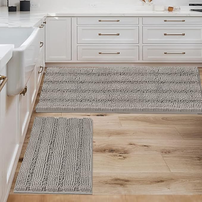 Non Slip Thick Shaggy Chenille Bathroom Rug Mat Set Extra Soft and Absorbent Striped Floor Rugs, 2 Piece, Machine-Washable