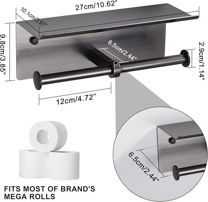Grey Toilet Paper Roll Holder with Shelf Wall Mounted for Bathroom (Grey, Double Head)