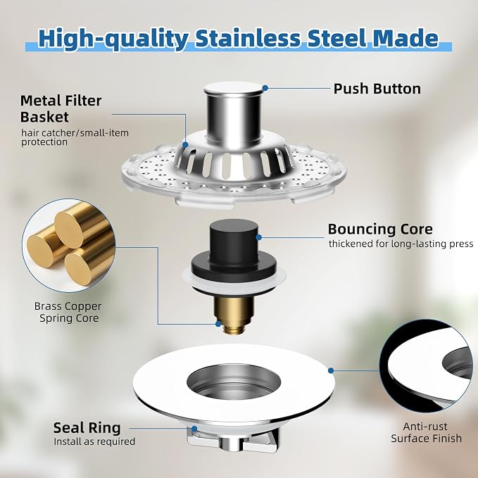 Universal Bathtub Drain Stopper, Metal Top Strainer Hair Catcher, Chrome | Shower Drain Tub Stopper with Stainless Steel Visible Filter Basket, Upgraded 3 in 1 Pop-up Drain Plug for 1.5 to 2.4" Hole