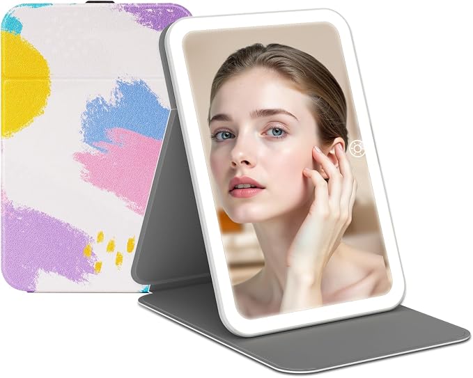 Rechargeable Travel Lighted Makeup Vanity Mirror with PU Leather Cover | Portable Travel Makeup Mirror with lights, 3 Color Lighting,Touch Dimmable, Light Up Tabletop Cosmetic Mirror Folding Flower