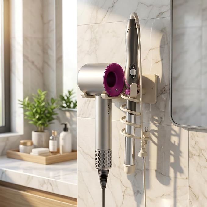 2-in-1 Wall Mount Hair Tool Organizer Hair Dryer Holder, White | Universal storage rack for blow dryer and curling iron in bathroom