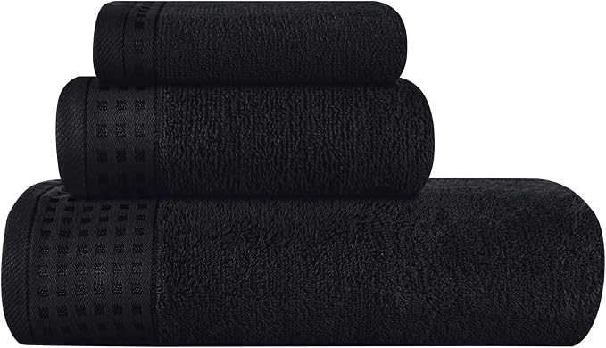 GLAMBURG Ultra Soft 3 Pack Cotton Towel Set, Contains a Bath Towel 28x55 inch, a Hand Towel 16x24 inch & a Wash Coth 12x12 inch, Ideal Everyday use, Compact & Lightweight - Black