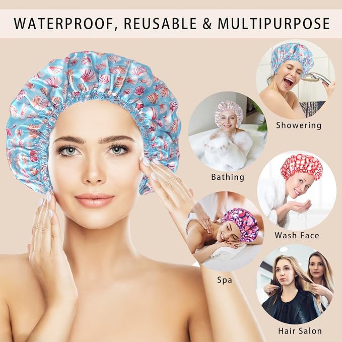 Shower Caps for Women, 4 PCS Reusable Waterproof Bath Cap | Double Layer, Washable, Wide Elastic Band, Holds Long Hair, Caps for Bath Accessories, Spa, Travel Home - Shell