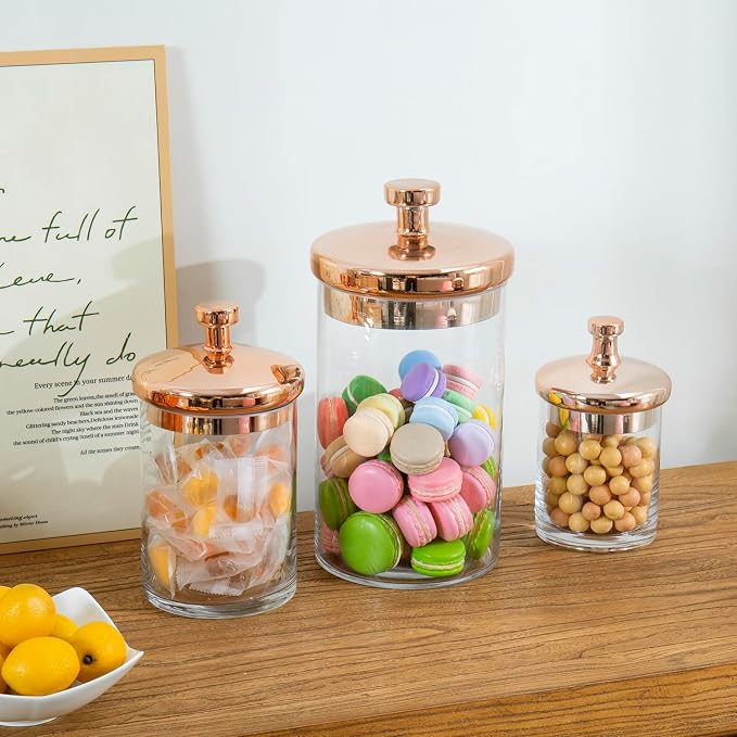MyGift Glass Apothecary Cookie Jar Set with Copper Lid | Decorative Kitchen and Bath Storage Canisters, Wedding Centerpiece Jars, Candy Buffet with Lids