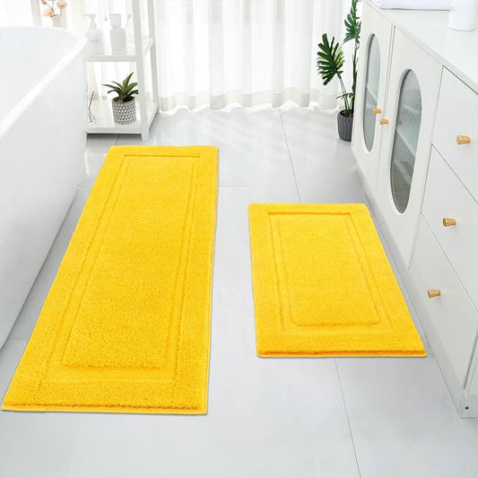 SHACOS Soft Microfiber Bathroom Rugs Set of 2 Pieces, Yellow | 47x20 + 32x20, Absorbent Plush Bath Rugs, Non Slip Washable Shaggy Bath Mats, Fluffy Bathroom Runner Floor Mats Shower Rug