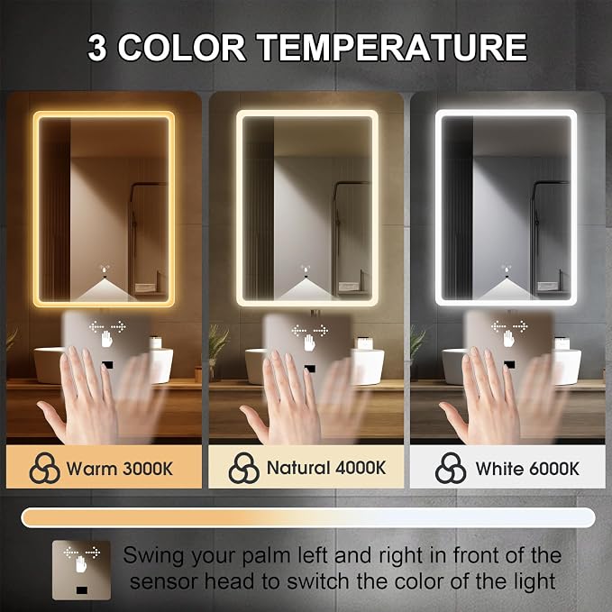 LED Bathroom Mirror, 20x28 in Vanity Mirrors with Backlit Lights for Shaving, Fogless Makeup Mirror Wall Mounted with Demister, Dimmable 3 Color Lighting, IP54, Hand Swipe, Vertically Only