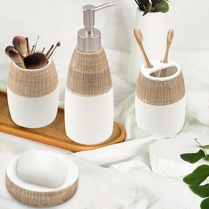 CERBIOR Bathroom Accessories Set,4 PCS Ceramic Bath Accessory,Brown White | Includes Toothbrush Holder, Toothbrush Cup, Soap Dish for Decorative Countertop and Housewarming Gift
