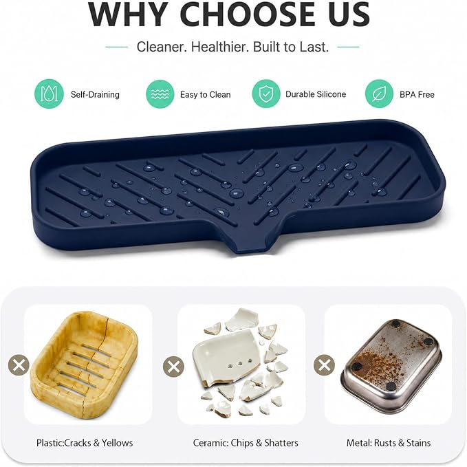 MicoYang Silicone Soap Dish with Drain Spout — Self-Draining Double Sink Organizer Tray for Kitchen & Bathroom, Dispensers, Sponges & Soap Holder, Non-Slip & Dishwasher Safe, Navy Blue (Large, 12"×4")