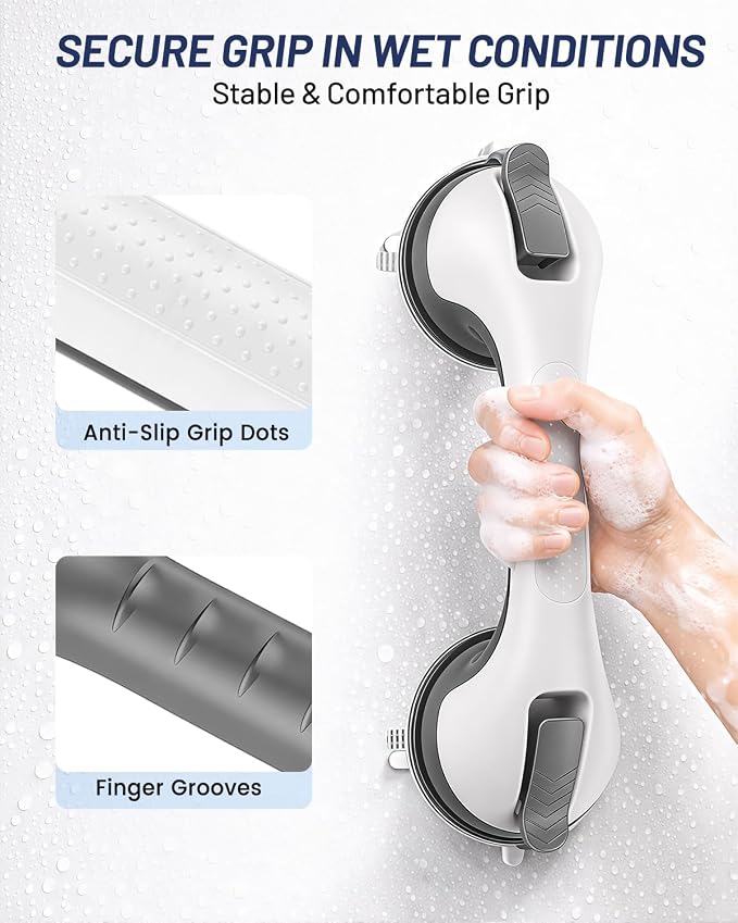 Suction Grab Bars for Bathtubs and Showers, Gel-Enhanced Heavy Duty Stable Grip Safety Bars for Seniors and Elderly, No Drilling Removable Bathroom Handles for Tub and Shower Support, Gray/W