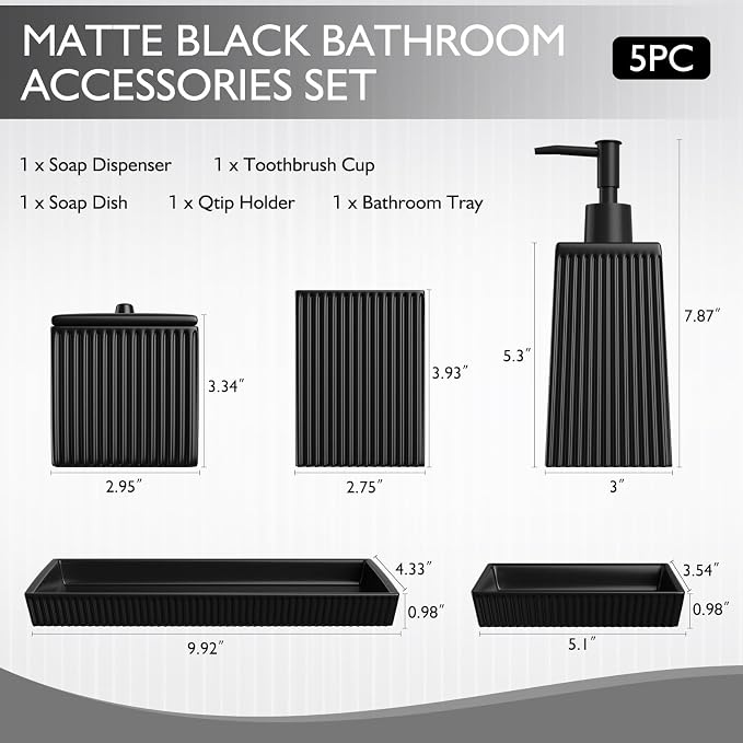 XLHOMO Bathroom Set - Black Bathroom Accessories Set, 5PCS Ceramic Bathroom Accessory Set, Bathroom Sets with Soap Dispenser, Toothbrush Tumbler, Soap Dish, Q-tip Holder & Vanity Tray