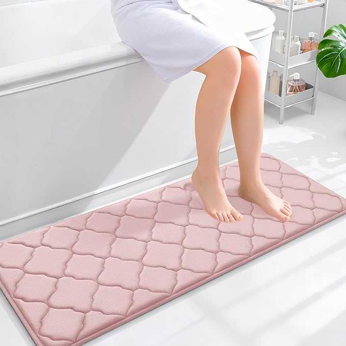 OLANLY Memory Foam Bath Mat Rug 47x17, Ultra Soft Bathroom Rugs, Pink | Thick Absorbent Carpet, Non-Slip Backing, Machine Washable, for Bathroom Floor, Tub, Shower and Home Decor Accessories