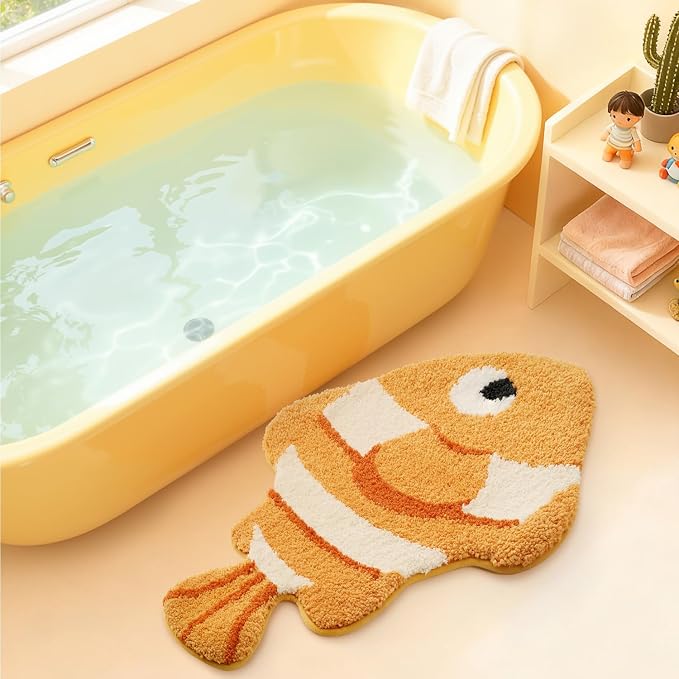 LUMI Cute Animal Bathroom Rugs, Plush Absorbent Bath Mats for Bathroom, Non-Slip Backing Washable Bath Mat, Ideal for Shower Sink Bathtub Room Decor, 20"x35", Clownfish