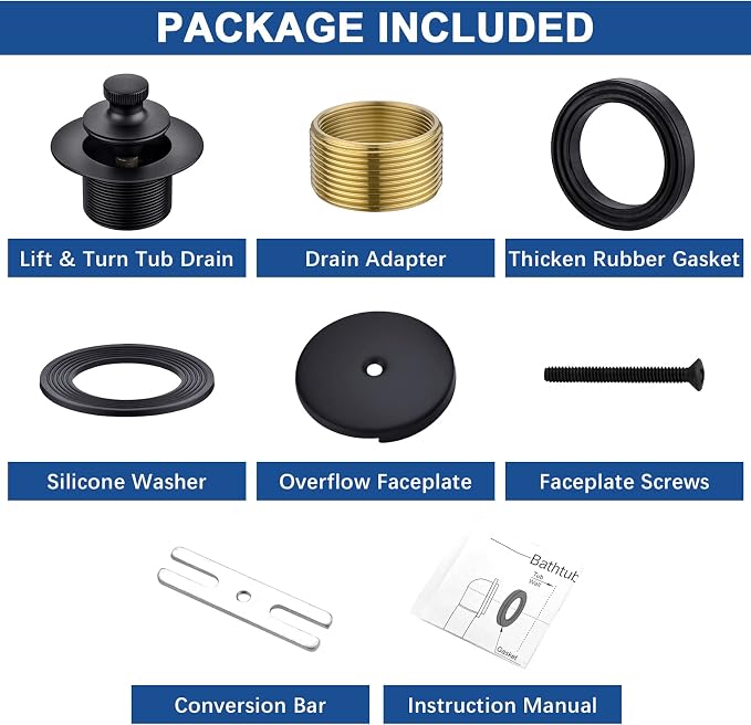 Brass Matte Black Tub Drain Kit with Single Hole Overflow Faceplate | Lift and Turn Tub Bathtub Drain Kit