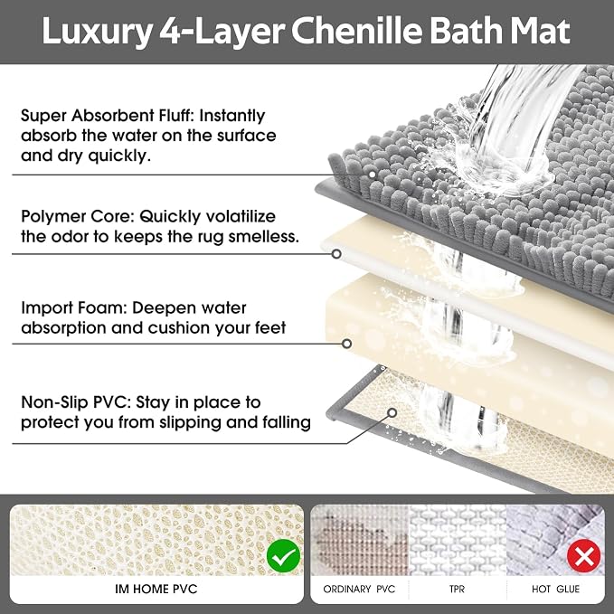 ACCUMTEK Striped Light Grey Toilet Bathroom Rug Mat Set 2 piece Rug Ultra Soft, Non Slip Chenille Bath Rugs, Absorbent Plush Shaggy Bath Mats for Bathroom, Bedroom, Kitchen, Shower, Tub