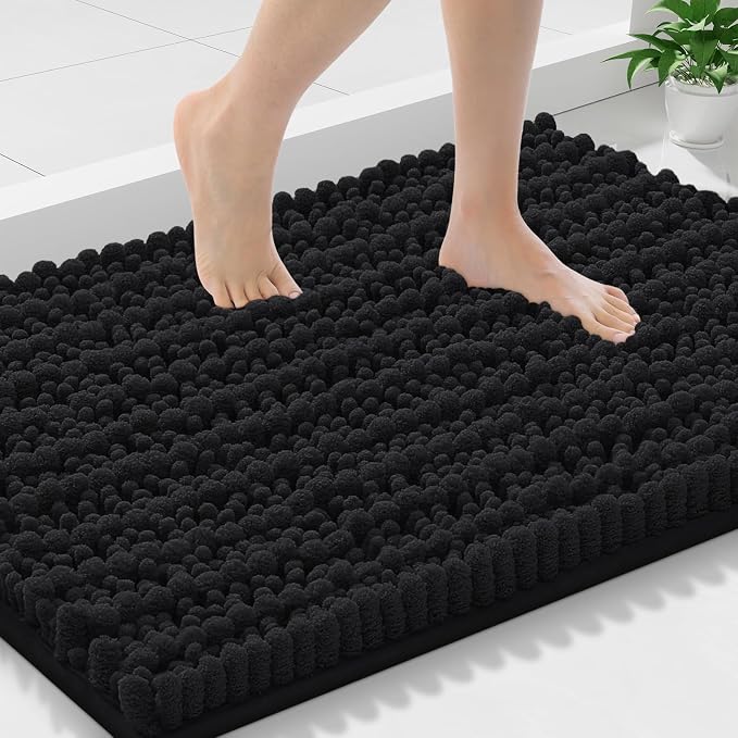 Smiry Bathroom Rugs 30X18, Extra Soft Rubber Backing Chenille Bath Mats | Black Machine Washable Non Slip Quick Dry Bath Mats for Bathroom Floor, Tub, Shower, Home Decor Accessories