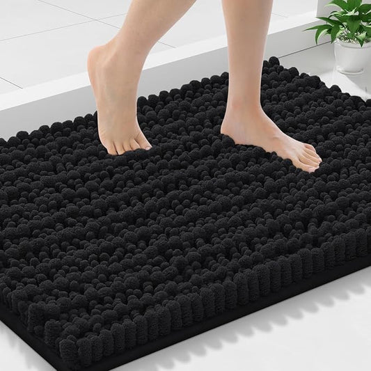 Smiry Bathroom Rugs 30X18, Extra Soft Rubber Backing Chenille Bath Mats | Black Machine Washable Non Slip Quick Dry Bath Mats for Bathroom Floor, Tub, Shower, Home Decor Accessories