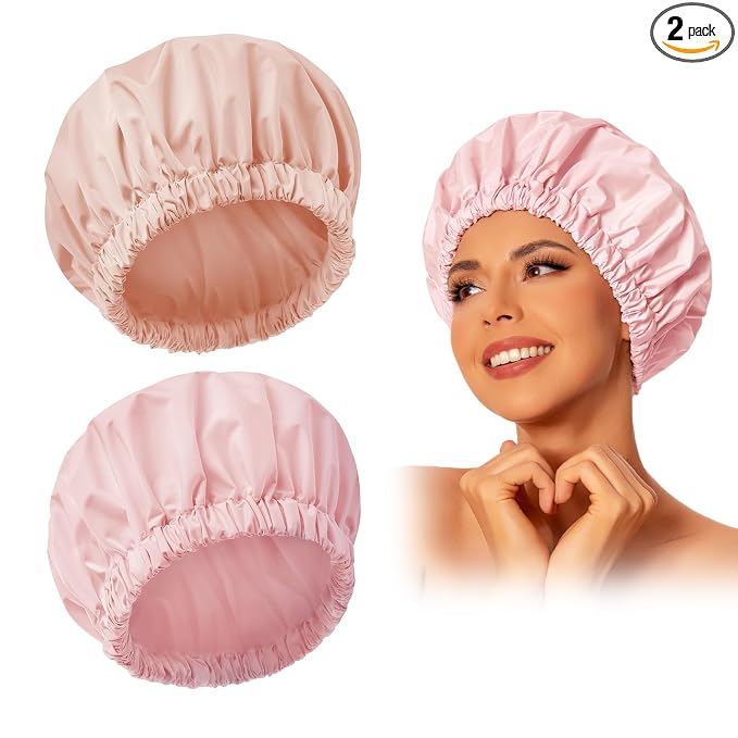 Edoneery Shower Caps for Women Reusable Waterproof, Shower Hair Cap | Washable Bonnet, Wide Elastic Band, Large Fit, Holds Long Hair, Braids Friendly, Bath Accessories, Spa, Travel