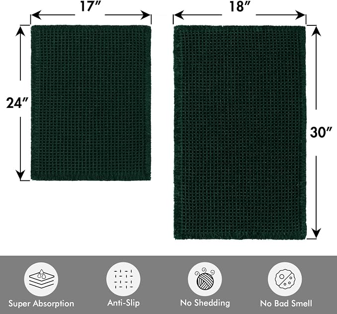MIULEE Set of 2 Waffle Bathroom Rugs Dark Green Bath Mat 17"x24"+18"x30" | Non Slip, Super Absorbent, Washable, Ultra Soft, Rubber Backed, Small Boho Bath Rugs for Bathroom Floor Tub Shower