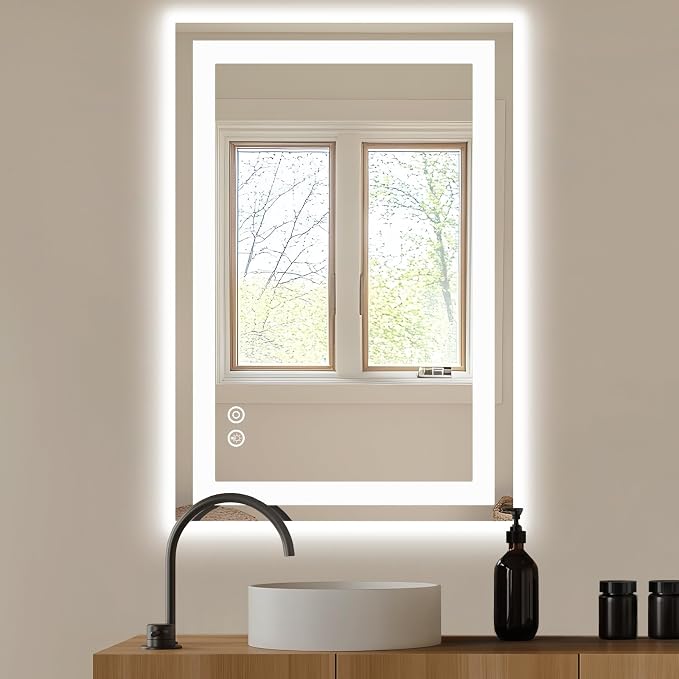 DUMOS 24.1"x36.1" LED Bathroom Mirror, Bathroom Vanity Mirror | Smart Anti-Fog, Front Light and Backlit, 3 Color Temperatures, Dimmable, Memory Function