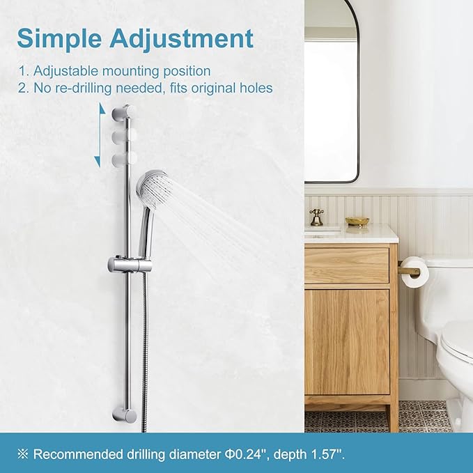 OFFO Shower Slide Bar Combo, Adjustable 31 in Slide Bar with 3-Mode Round Handheld Shower Head and 60 in Stainless Steel Hose, Screw Wall Mounted, Chrome Finish