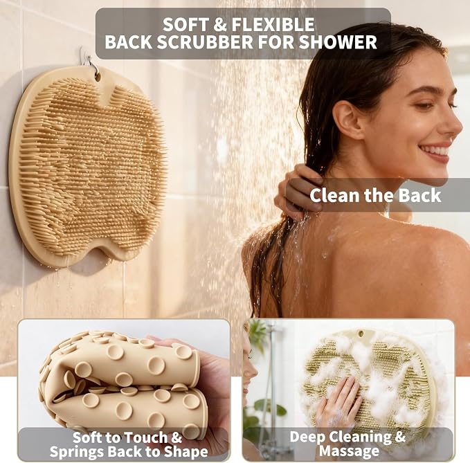 Shower Foot Scrubber Mat with 3 Types of Upgraded Brushes for Massage, Shower Back Scrubber with Micro Suction Cups,Non Slip Bathtub Shower Scrubber for Body at Home Spa(Khaki)