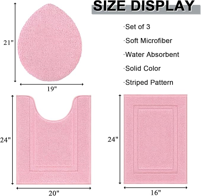 SHACOS 3 Pieces Bath Rugs Set with Toilet Lid Cover Soft Absorbent | Bath Mats U Shape Contour Rug Toilet Cover Absorbent Non Slip Machine Washable Plush Bathroom Rug (Pink)