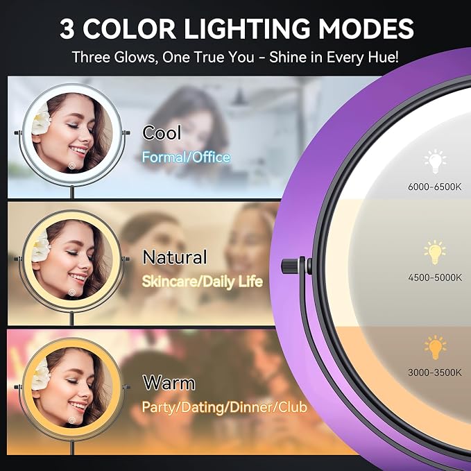 Auxmir 9" 5000mAh Magnifying Mirror, 1X/30X Lighted Makeup Mirror, Black | Rechargeable Battery, 3 Dimmable Colors, 14.9‑18.5" Adjustable Height, 360° Rotation, Stable Base, 30X Magnification