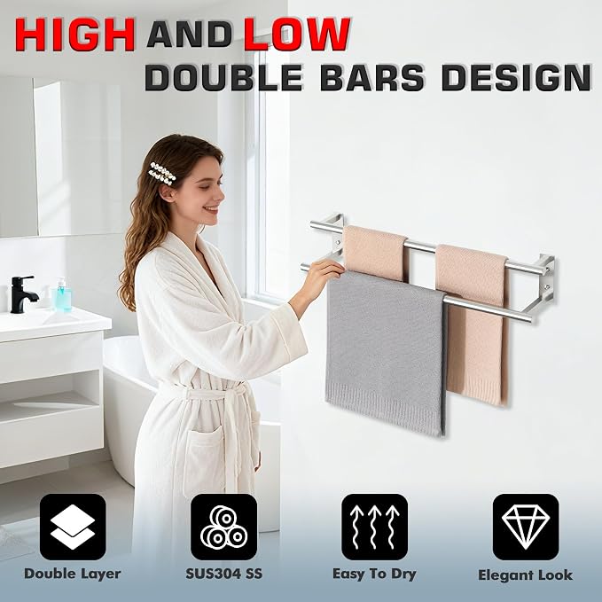 Alise 24'' Double Towel Bars for Bathroom,Wall Mount Towel Holder Towel Racks for Bathroom Labatory,SUS304 Stainless Steel Towel Hanger Towel Rails,Brushed Nickel
