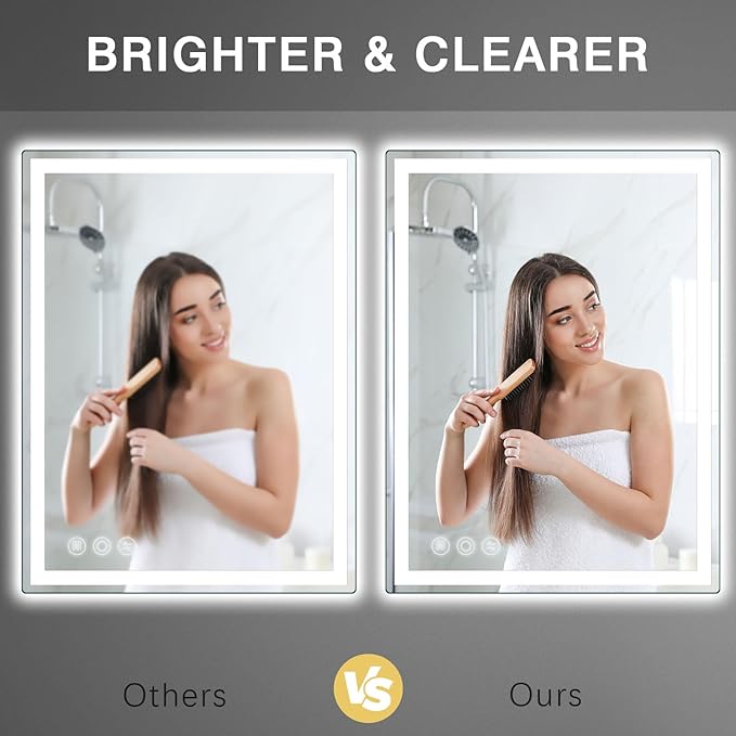 Memobarco 28" x 36" LED Bathroom Mirror with Lights, Memory Vanity Mirror | Anti-Fog, 3 Color Modes, Dimmable, Front Lit, Memory Function, Tempered Glass, Lighted Bathroom Mirror for Wall