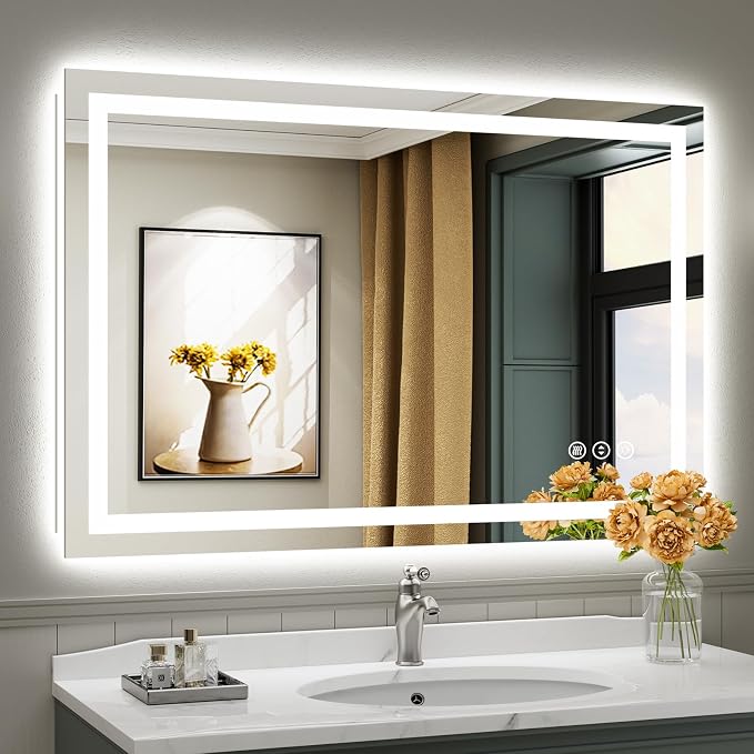 Briivue 48x32 Inch LED Bathroom Mirror with Lights, Backlit & Front Lit | Anti-fog, 3 Color Dimmable, Memory Function, HD Reflection Tempered Glass, ETL Listed, IP54 Waterproof