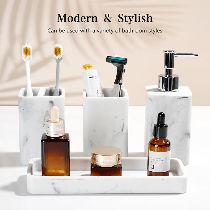 YMXYJM Bathroom Accessories Set, 4 Piece Toothbrush Holder Set Marble White | Bathroom Accessory Set with Soap Dispenser, Toothbrush Holder, Tumbler, Vanity Tray, Bathroom Sink Set for Modern Home Decor